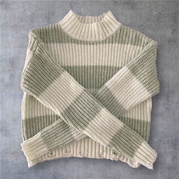 Sage & Cream Chunky Striped Knit Sweater – Mock Neck, Distressed Hem (Size M) - Picture 3 of 14
